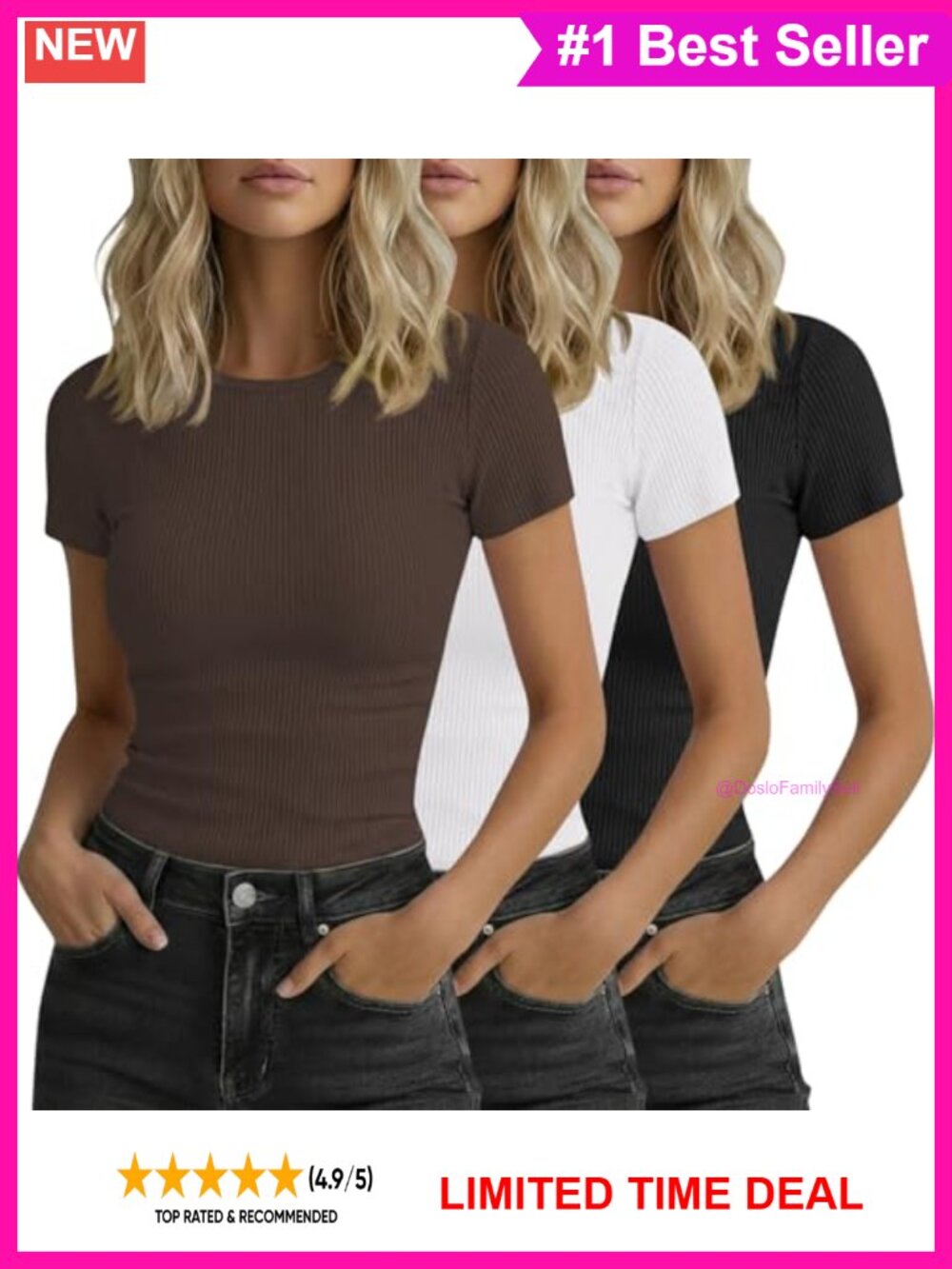 3 Pack Womens Ribbed Cotton T-Shirts Short Sleeve Crew Neck Slim Fit